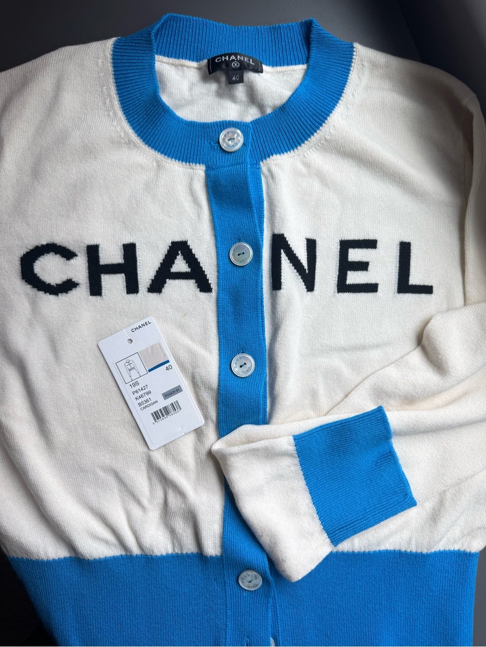 Chanel Spring/Summer 2019 Runway Logo Cashmere Cardigan Size 40